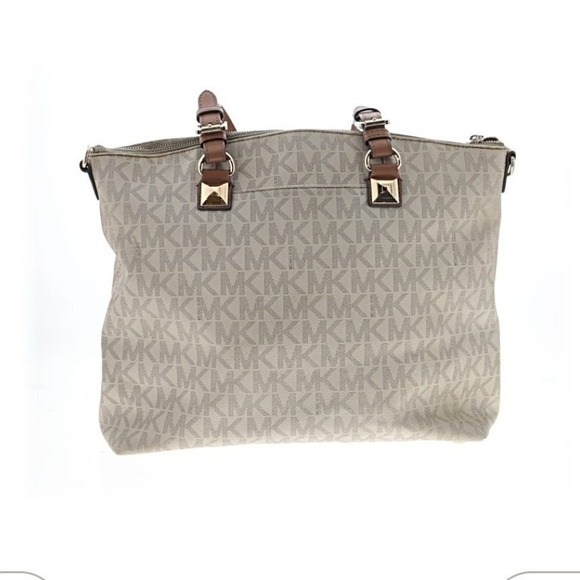 Michael Kors Handbags - Michael Kors Signature MK Monogram Tote Bag Beige Brown Leather Accents